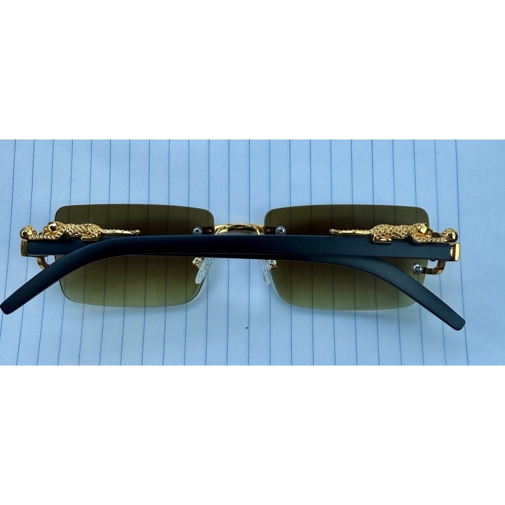 Gold Metal Black Sunglasses with Jaguar detail | UV 400 Green Rimless Lens NEW